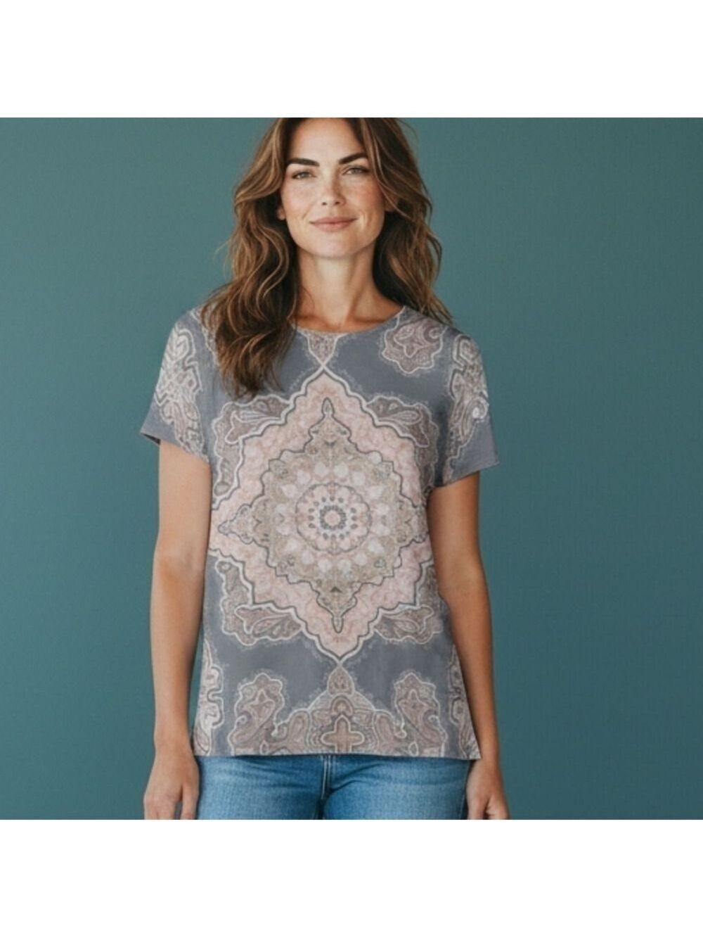 Gray and Pink Short Sleeve Boxy Blouse with Medallion Print